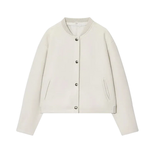 Beige jacket with button details on a white background