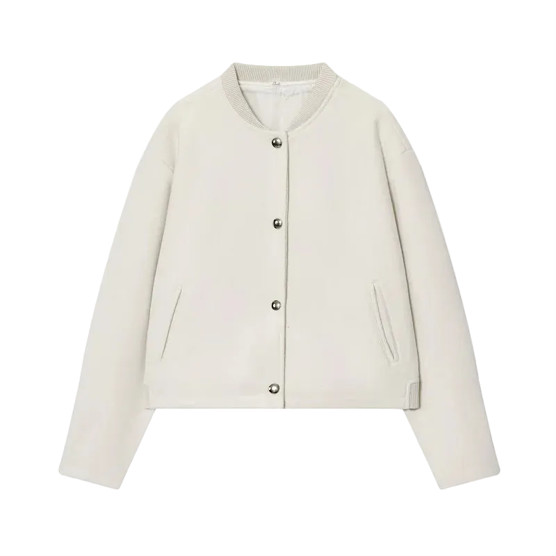 Beige jacket with button details on a white background