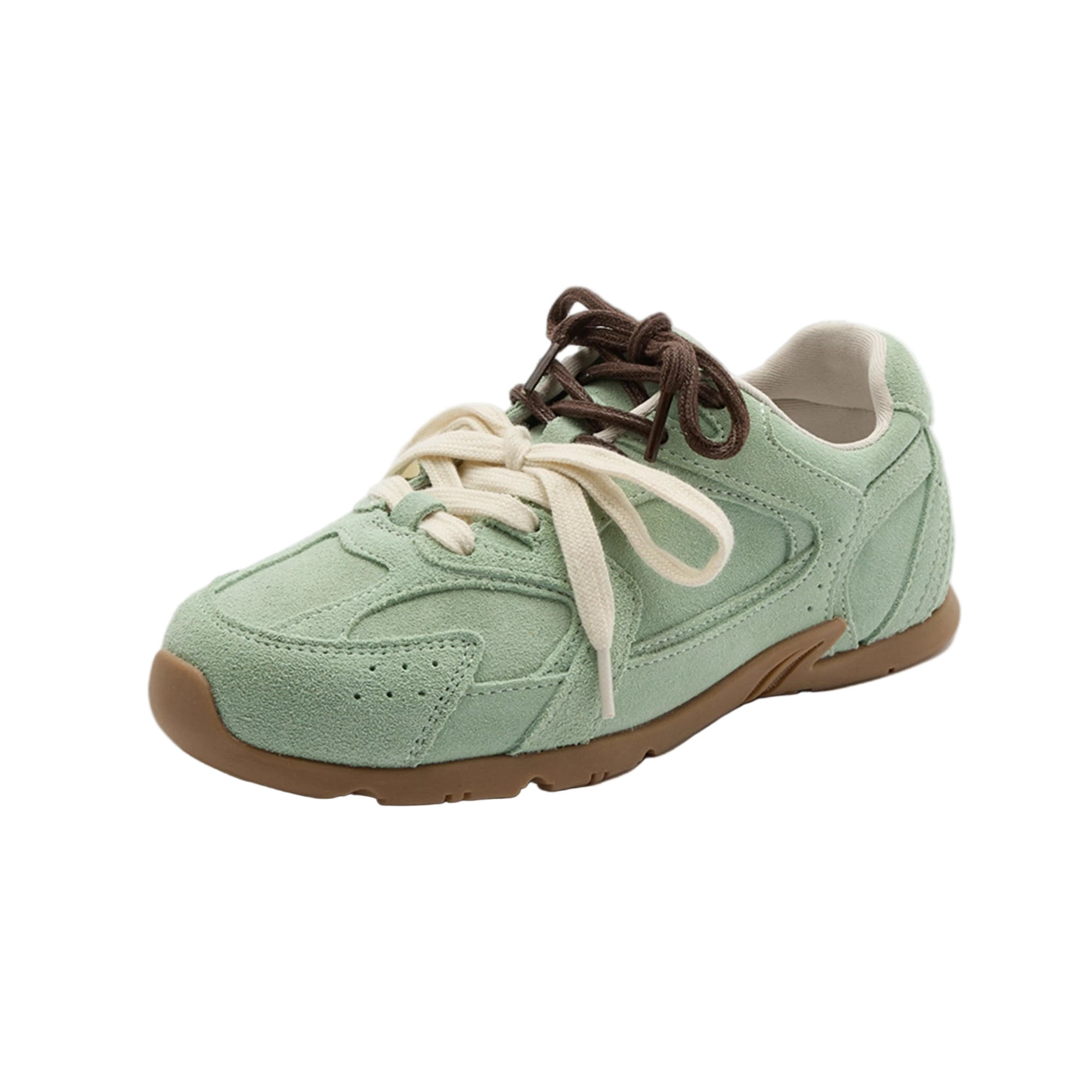 Green sneaker with brown accents on a white background