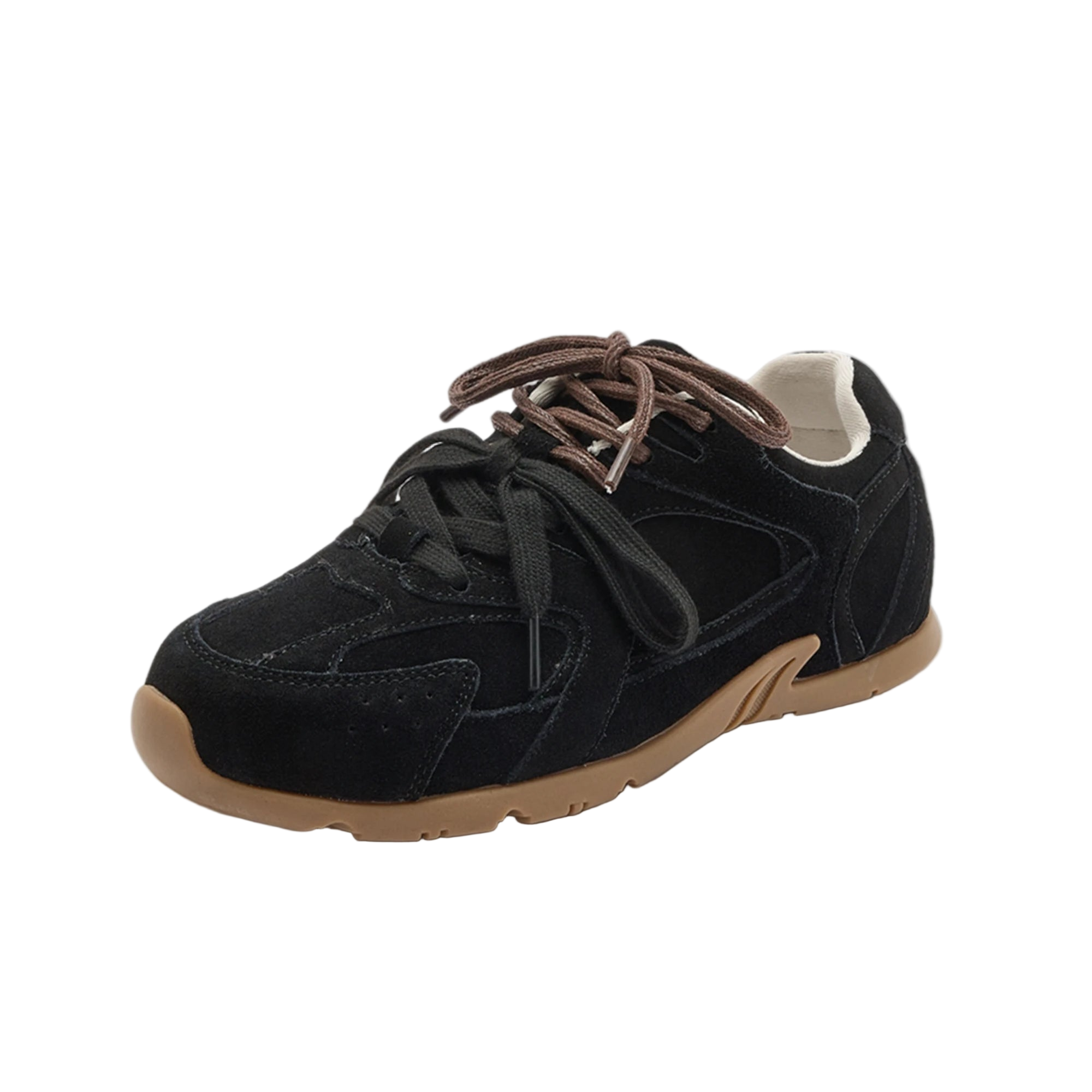 Black sneaker with brown sole on a white background