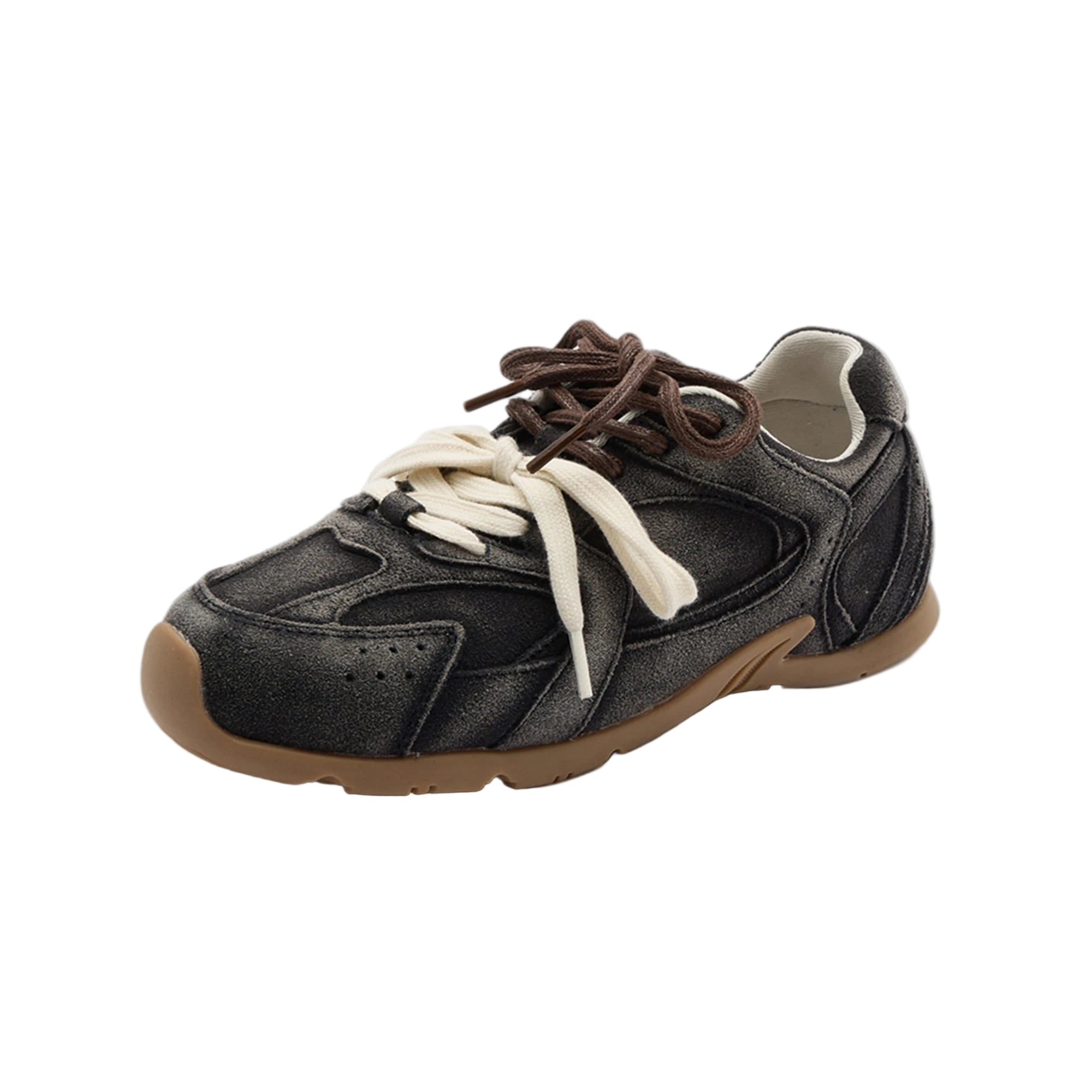 Black sneaker with brown accents on a white background