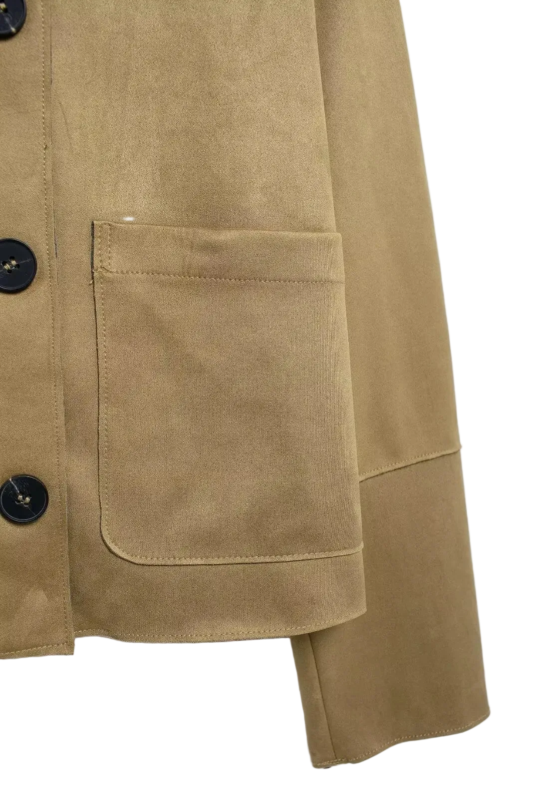 Close-up of a beige jacket with button details on a white background