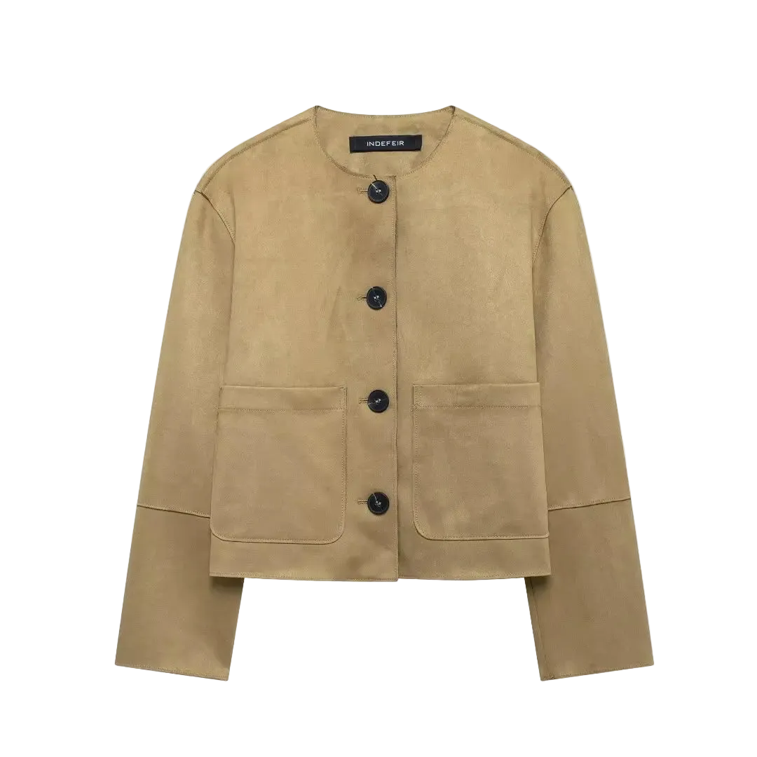Beige jacket with black buttons on a white background