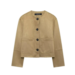 Beige jacket with black buttons on a white background