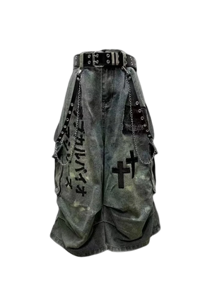Rock these edgy gothic denim shorts, featuring an acid-wash finish, embroidered crosses, and heavy chain hardware for a bold streetwear statement.