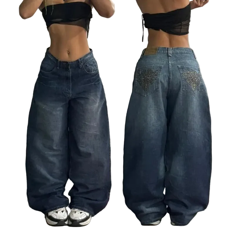 Pair of wide-leg jeans shown from front and back on a neutral background