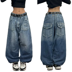 Blue wide-leg jeans shown from front and back on a plain background