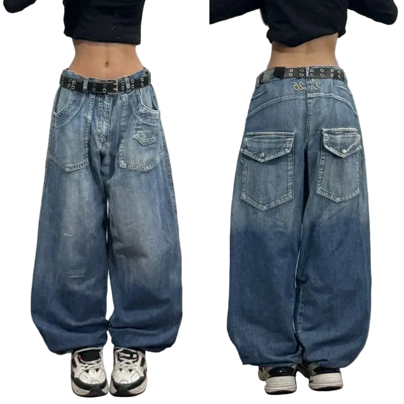Blue wide-leg jeans shown from front and back on a plain background