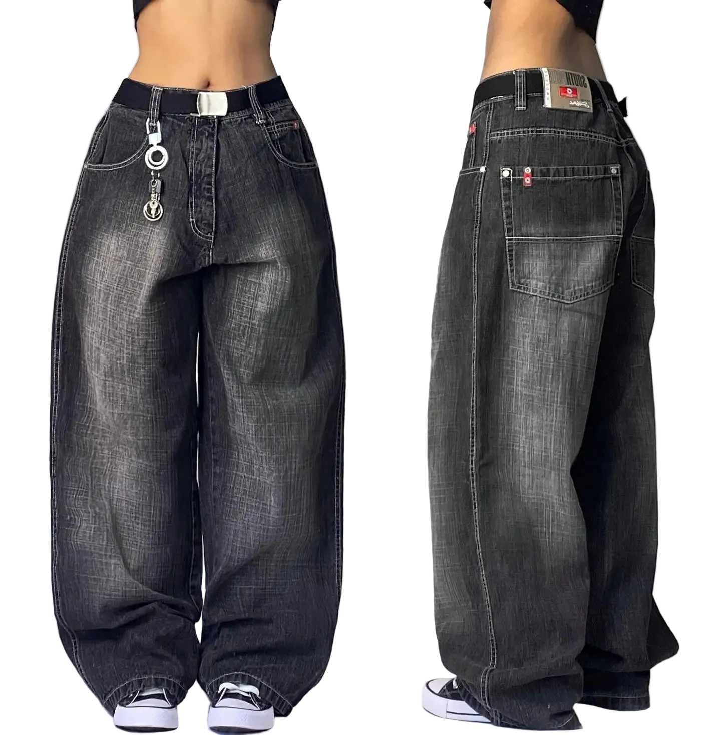 Black wide-leg jeans displayed from front and side views on a plain background