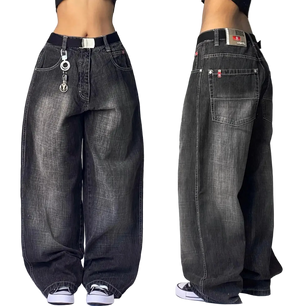 Black wide-leg jeans displayed from front and side views on a plain background