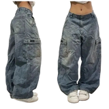 Pair of blue baggy jeans shown from front and side views on a plain background