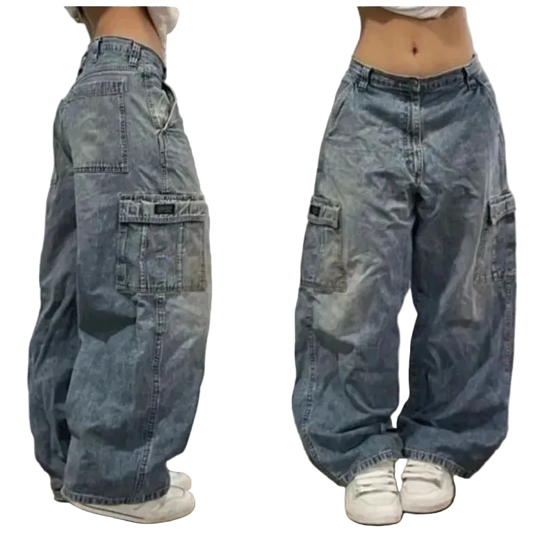 Pair of blue baggy jeans shown from front and side views on a plain background