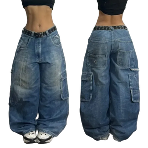 Blue baggy jeans shown from front and back on a plain background