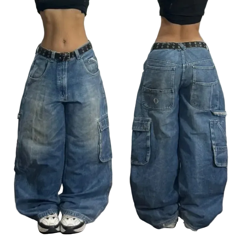 Blue baggy jeans shown from front and back on a plain background