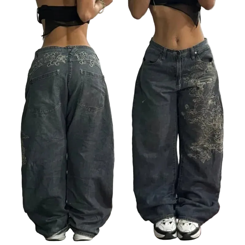 Two views of dark blue jeans with embroidery on a plain background