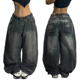 Wide-leg jeans with branding on the waistband displayed from front and back views.