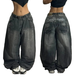 Wide-leg jeans with branding on the waistband displayed from front and back views.