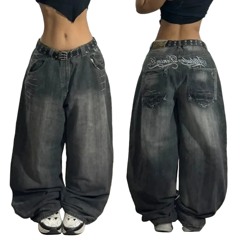 Wide-leg jeans with branding on the waistband displayed from front and back views.
