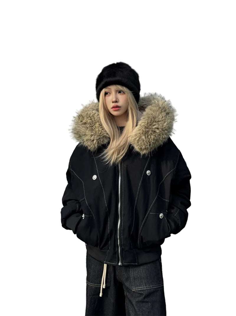 Stay warm and stylish in this oversized streetwear parka, featuring a plush faux fur lining and hood for the ultimate cozy winter look.