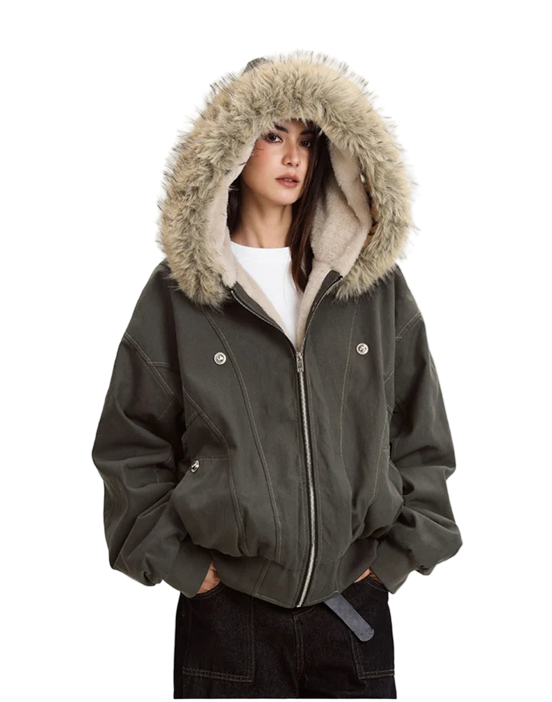 Stay warm and stylish in this oversized streetwear parka, featuring a plush faux fur lining and hood for the ultimate cozy winter look.