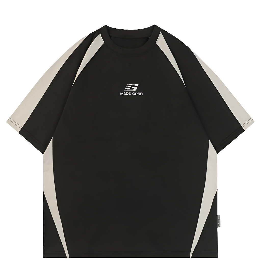 Black t-shirt with white accents and a logo on a white background