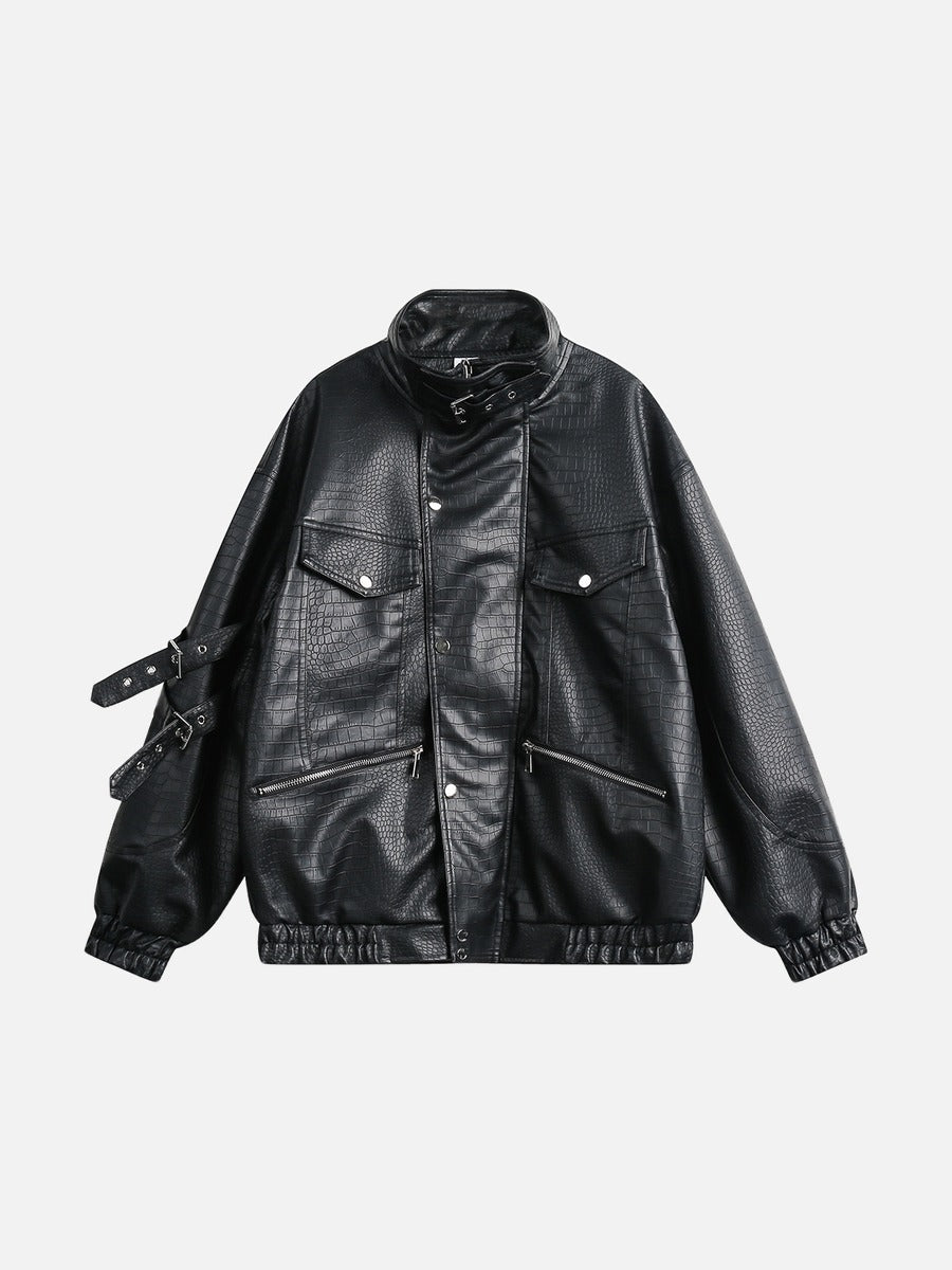Black Crocodile-Embossed Faux Leather Jacket