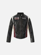 Burgundy-Blocked Racer Faux Leather Jacket