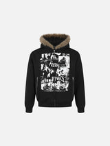 Collage Graphic Full-Zip Hoodie with Faux Fur