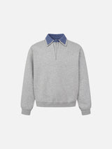 Contrasting Plaid Inner-Collar Long-Sleeve Sweatshirt