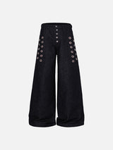 Dark Indigo Wide-Leg Denim Pants with Plaid Detail