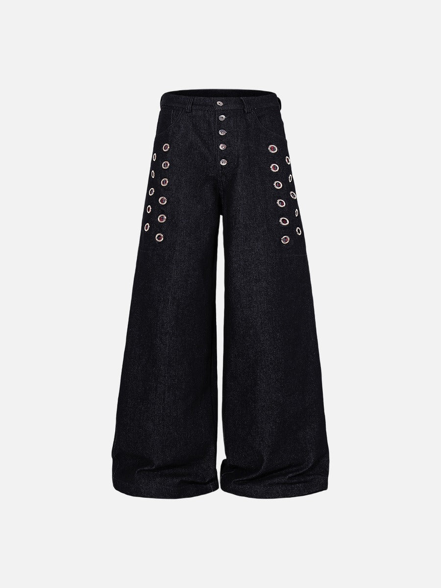 Dark Indigo Wide-Leg Denim Pants with Plaid Detail