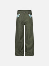 Dark Olive Wide-Leg Trousers with Plaid Pockets