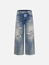 Distressed Blue Wide-Leg Jeans with Rips