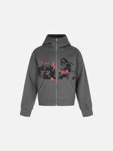 Distressed Dual-Figure Graphic Zip Hoodie