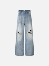 Distressed Light Blue Wide-Leg Denim Jeans