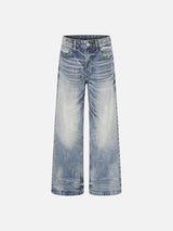 Distressed Light Blue Wide-Leg Denim Jeans