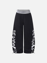 Distressed Script Wide-Leg Pants with Drawstrings