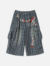 Faded Blue Plaid Wide-Leg Cropped Trousers
