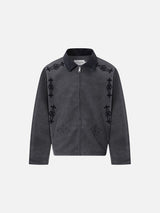 Intricate Scroll Embroidery Faux Suede Jacket
