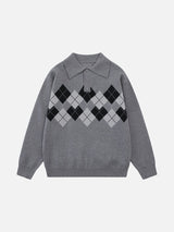 Large Argyle Pattern Long-Sleeve Polo Sweater
