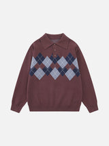 Large Argyle Pattern Long-Sleeve Polo Sweater