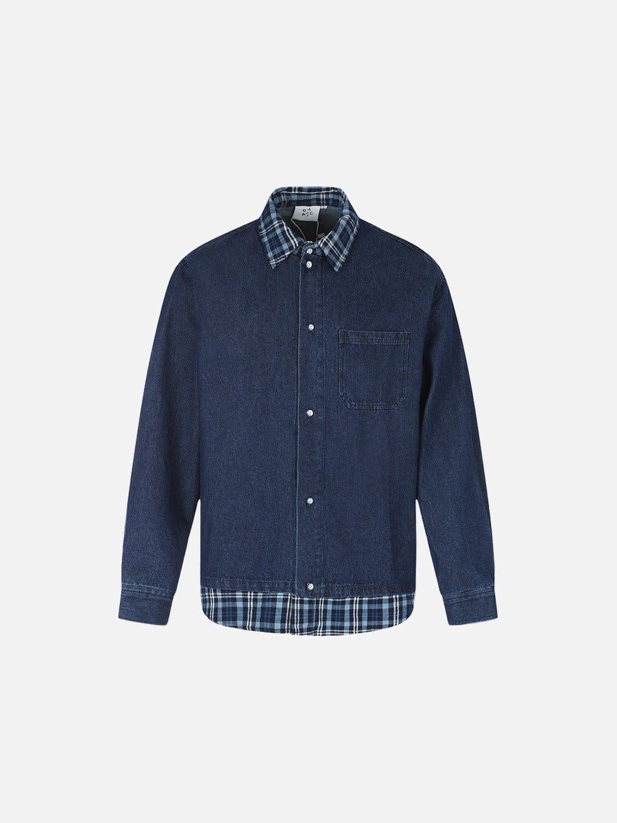 Layered Blue Denim and Plaid Shirt
