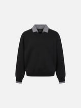 Micro-Plaid Contrast Collar Long Sleeve Sweatshirt