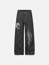 Stylized White Animal Graphic Wide-Leg Jeans