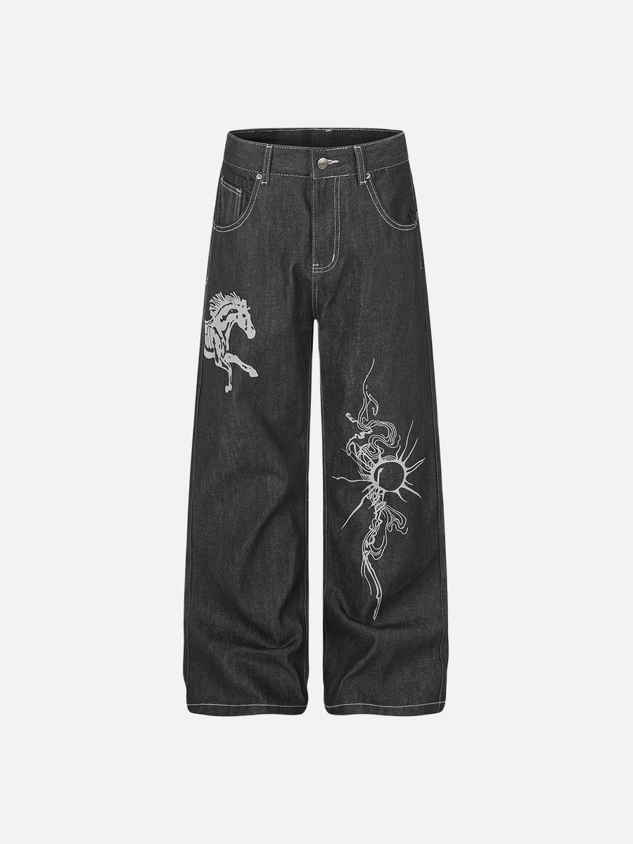 Stylized White Animal Graphic Wide-Leg Jeans