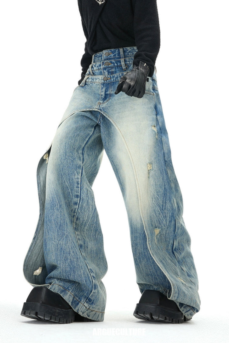 Layered Distressed Washed Blue Jeans