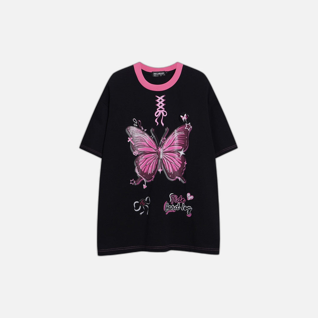Freizeit-T-Shirt mit Rundhalsausschnitt und Schmetterlingsmuster in Farbblock-Optik