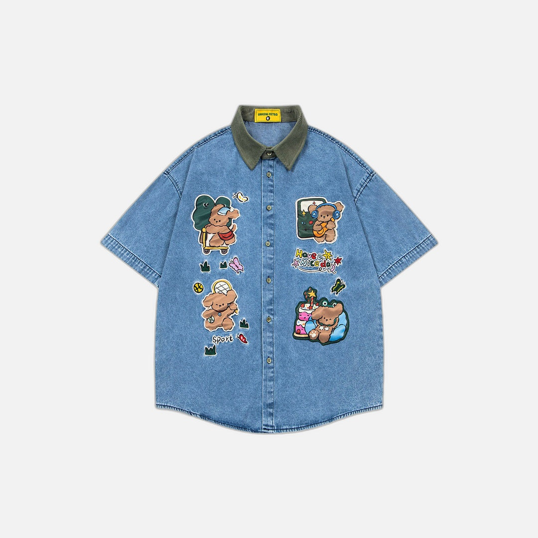 Chemise en jean décontractée à motif ours, style Loose Bear