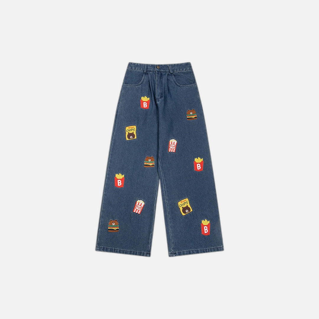 Jean large en denim brodé de motifs de dessins animés