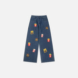 Jean large en denim brodé de motifs de dessins animés